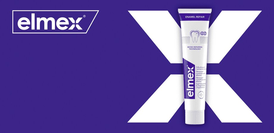 Promocijska pasica za zobno pasto elmex Enamel Repair na temno vijoličnem ozadju z velikim belim znakom X
