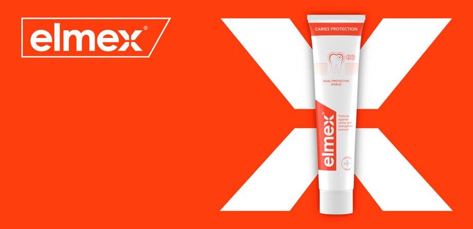 Promocijska pasica za zobno pasto elmex Enamel Repair na temno vijoličnem ozadju z velikim belim znakom X.