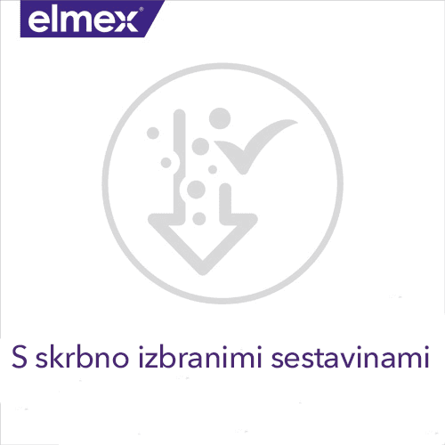Logo značky elmex s textem „Klinicky ověřeno“ a symbolem bílého kříže v kruhu.