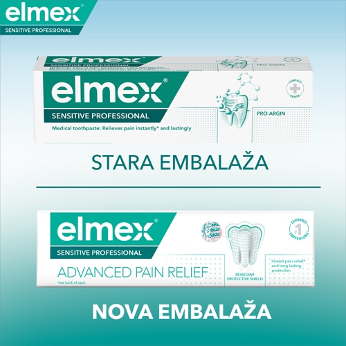 Promocijska grafika elmex za takojšnje lajšanje občutljivosti zob, ki prikazuje strokovnjakinjo in tubo zobne paste Sensitive Professional.
