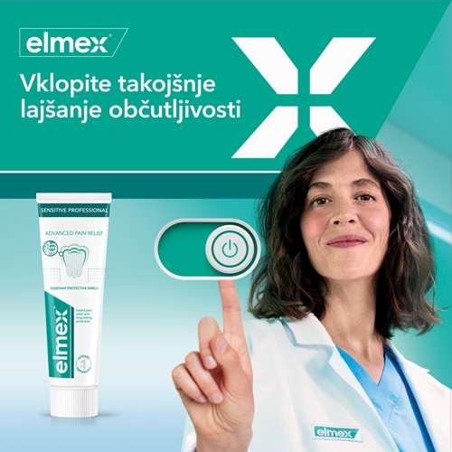 Promocijska grafika elmex za takojšnje lajšanje občutljivosti zob, ki prikazuje strokovnjakinjo in tubo zobne paste Sensitive Professional.