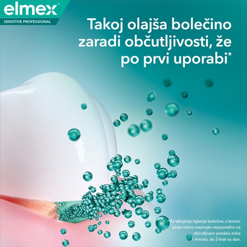 Promocijska grafika elmex za takojšnje lajšanje občutljivosti zob, ki prikazuje strokovnjakinjo in tubo zobne paste Sensitive Professional.