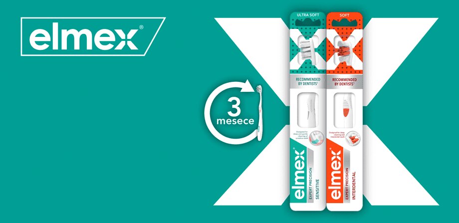 Promocijska pasica elmex, ki opominja na menjavo zobne ščetke vsake 3 mesece, s prikazom dveh modelov ščetk Expert Precision.