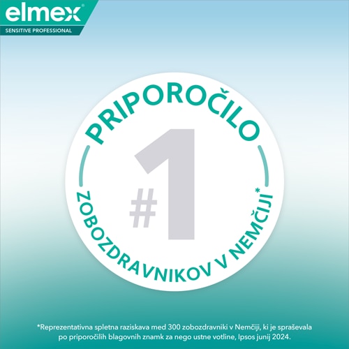 Promocijska grafika elmex za takojšnje lajšanje občutljivosti zob, ki prikazuje strokovnjakinjo in tubo zobne paste Sensitive Professional.